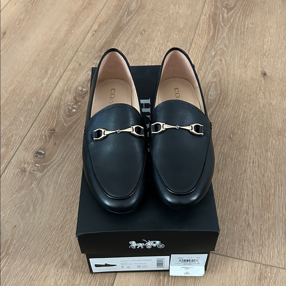 Coach Black Leather Loafers with Gold Accents - Picture 2 of 6